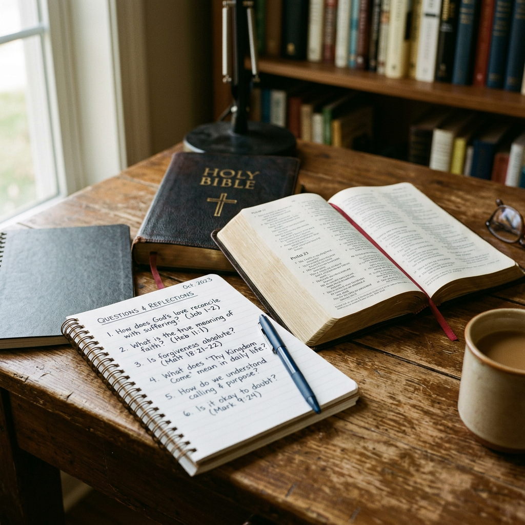 Open Bible beside handwritten reflection questions, notebook, pen, coffee, and glasses